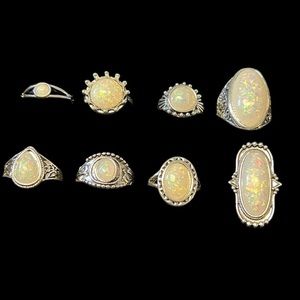 Lot Of 8 Faux Opal Silver Toned Rings Mixed Sizes New !